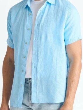 Raffi Sky Blue Short-Sleeve Button-Down Linen Shirt
